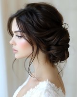 Side profile of young Caucasian woman with romantic updo hairstyle, loose curls and bangs, wearing white lace wedding dress. Soft makeup and natural lighting create elegant bridal look.