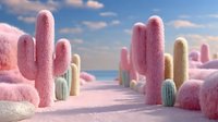 Surreal pink desert landscape with fluffy cactus plants and cotton candy textures under dreamy sky for fantasy art and creative design projects.