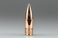 Shiny copper bullet with threaded base standing upright on neutral gray background, showcasing metallic texture and precision engineering.