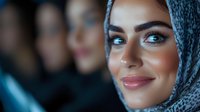 Middle Eastern woman wearing hijab with bright blue eyes and radiant smile, close-up portrait in soft atmospheric lighting with blurred background.