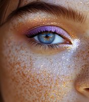 Close-up of blue eye with purple eyeshadow and gold glitter makeup on freckled skin, showcasing vibrant cosmetic artistry for beauty campaigns.