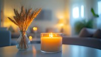 Glowing aromatic candle and dried wheat bouquet creating cozy atmosphere with warm bokeh lights in modern living room interior. Peaceful home decor setting.