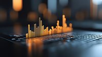 Glowing orange equalizer bars on dark professional audio mixing console with dramatic lighting and shallow depth of field create modern music atmosphere.