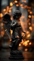 Angel statue with wings against warm bokeh lights background creating peaceful spiritual atmosphere for memorial and religious concepts.