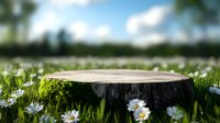 Tree stump in spring meadow with white daisies blooming in fresh green grass, natural sunlight and bokeh effect creates dreamy atmosphere.
