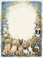 Watercolor dog breeds border frame with floral elements and paw prints on textured paper background for pet-themed designs and greeting cards.