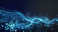 Digital data stream with glowing blue particles and flowing waves on dark background for technology and network concepts.