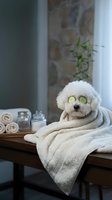 Adorable white fluffy dog wearing cucumber eye mask wrapped in towel at spa enjoying relaxation treatment for pet wellness and self-care concept.