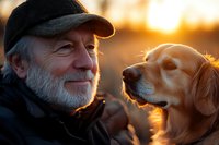 Senior Caucasian man with gray beard wearing black cap smiling at golden retriever dog during sunset, warm backlit portrait showing bond between human and pet.