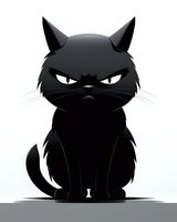Grumpy black cat with angry expression and glowing eyes on white background, isolated cartoon character for stickers, t-shirts and merchandise designs.