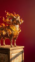 Golden ornate ram sculpture with fiery flames on decorative pedestal against burgundy background for luxury interior design and cultural decor projects.