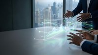 Business professionals analyzing holographic data visualization and network connections in modern office meeting room with city skyline view.