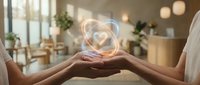 Hands holding a glowing heart symbol in a warm wellness space, representing care, love, and healing energy for health and charity concepts.