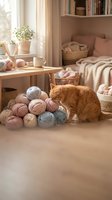 Orange tabby cat sitting beside colorful yarn balls in cozy crafting room with knitting supplies, baskets, and warm natural lighting for hobby projects.