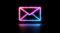 Glowing neon envelope icon with electric sparks effect on dark background, pink and blue gradient light with reflection for digital communication design.