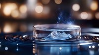 Miniature mountain peak emerging from rippling water in glass container with magical sparkles and bokeh lights, creating surreal microscopic landscape scene.