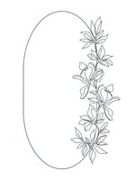 Elegant oval frame with delicate floral border featuring lily flowers and leaves in minimalist line art style on white background for wedding invitations.
