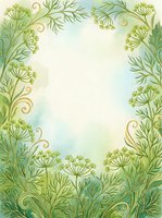 Botanical frame with delicate fennel and dill plants featuring ornamental scrolls, isolated on cream background, ready for invitations, greeting cards, and design projects.