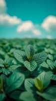 Fresh mint leaves growing in garden against turquoise sky with soft white clouds, macro view showing detailed leaf texture and veins in natural lighting.