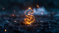 Glowing dollar sign symbol with burning fire effect on dark textured background with bokeh lights, representing financial success and money concept.