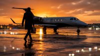 Business executive walking toward private jet at sunset on wet tarmac with dramatic orange sky and runway lights creating luxury travel atmosphere.