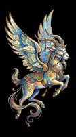 Ornate mythical winged goat with decorative gold and blue patterns, isolated on transparent background. Ready for t-shirt design, clipart, stickers, sublimation, and print-on-demand products.