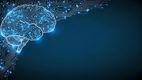 Digital brain circuit board design with glowing blue neural pathways and electronic connections on dark background for AI technology concepts.