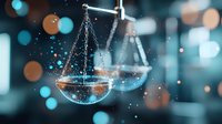 Scales of justice with glowing bokeh lights in turquoise and copper tones creating magical atmosphere. Legal concept with balance symbol against blurred background.