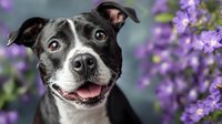 Happy senior pit bull terrier dog with gray muzzle smiling among purple spring flowers in garden setting for pet care and adoption campaigns.