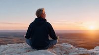 Senior man meditating on mountain peak during golden hour sunset, practicing mindfulness and yoga outdoors for wellness and spiritual peace.