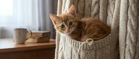 Playful ginger tabby kitten peeking from knitted sweater pocket with curious expression, cozy home interior setting with window light.