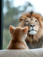 Ginger kitten sitting on windowsill face to face with majestic lion through glass window, creating surreal juxtaposition between domestic cat and wild predator.