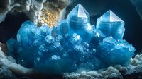 Blue crystal formation with pointed geometric structures emerging from rocky cave environment for mineral geology and natural science applications.