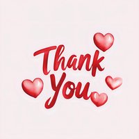 Red watercolor thank you text with hearts on pink background, romantic handlettered greeting design for cards and social media posts.