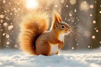 Red squirrel sitting in snow with golden sunlight and bokeh lights creating magical winter atmosphere for seasonal greeting cards and nature designs.