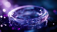Magical glowing ring with purple and blue bokeh lights creating mystical atmosphere, close up macro photography with shallow depth of field.