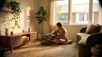 Young woman sitting cross-legged on floor reading book in sunlit modern living room with plants and warm natural lighting creating cozy atmosphere.