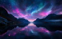 Majestic mountain lake under vibrant aurora borealis with pink and blue colors reflecting in calm water surface, starry night sky creates magical atmosphere.