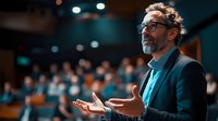 Middle-aged Caucasian male business speaker with gray beard and glasses gesturing while giving presentation at conference auditorium with blurred audience background.