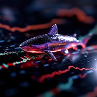 Crystal shark figure on stock market chart background with red trend lines and trading data visualization, dramatic lighting creates futuristic finance concept.