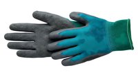Work gloves with turquoise fabric and gray rubber grip coating, isolated on white background, suitable for construction, gardening, and industrial safety applications.