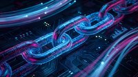 Digital blockchain chain links glowing with neon blue and pink lights on dark technology background for cryptocurrency and security concepts.