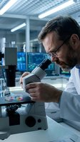 Middle-aged Caucasian male scientist examining samples through microscope in modern laboratory wearing white coat and glasses for medical research.