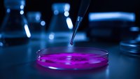Laboratory pipette dropping purple liquid into petri dish during scientific research experiment in modern lab with blue ambient lighting.