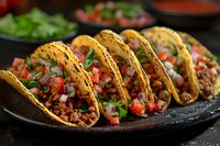Mexican street tacos with seasoned ground beef, fresh pico de gallo, chopped onions and cilantro garnish served on traditional corn tortillas on dark plate.