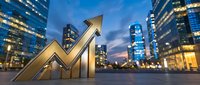 Golden growth arrow and bar chart on urban plaza with illuminated skyscrapers at dusk representing business success and financial progress in modern city.