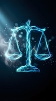 Glowing blue energy scales of justice with light effects on dark background for legal and law firm concepts.