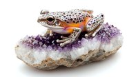 Spotted orange frog resting on purple amethyst crystal cluster with white quartz base against white background, isolated decorative nature composition.