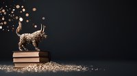 Magical cat silhouette made of golden glitter standing on stack of books with sparkles and bokeh lights floating against dark background. Fantasy concept.
