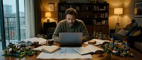 Middle-aged Caucasian male engineer or architect working at desk with laptop, blueprints, and building blocks in modern home office with warm lighting and city view.